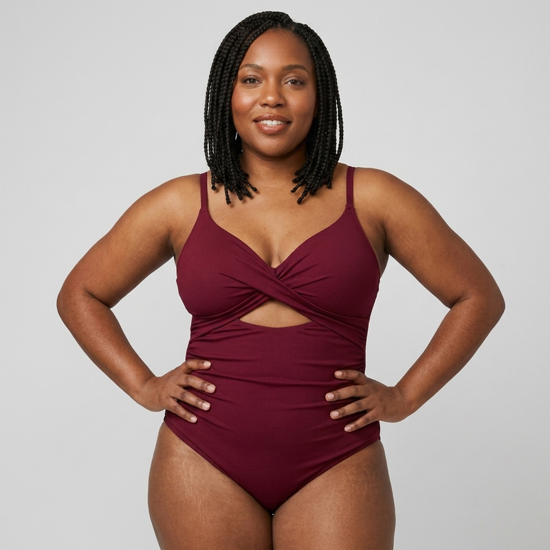 Woman wearing the Sculpt™ twist-front cutout swimsuit in wine, front view